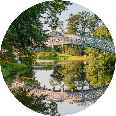 Foto des Wörlitzer Schlosses, umgeben von einem kleinen Fluss und grünen Bäumen im Gartenreich Dessau-Wörlitz