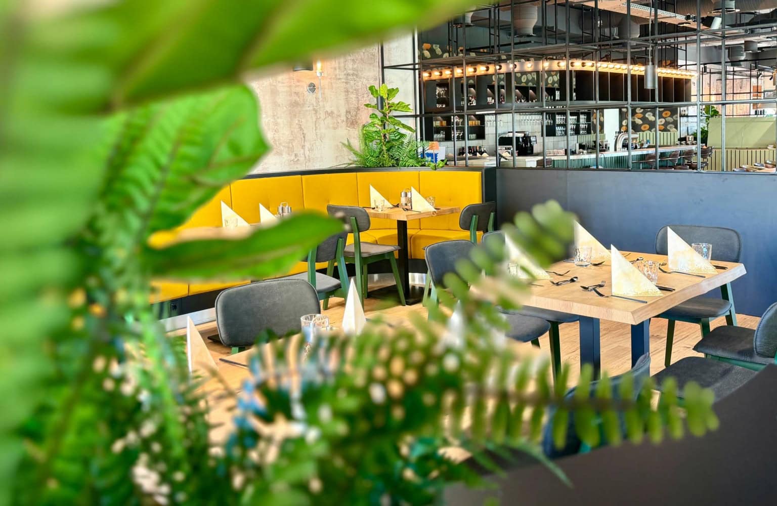 Essbereich eines Restaurants bei Dessau mit gedeckten Tischen, aufgenommen durch eine Pflanze, im Hintergrund sieht man eine Bar