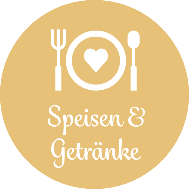 Button mit der Aufschrift Speisen und Getränke und einem Teller mit Messer und Gabel.