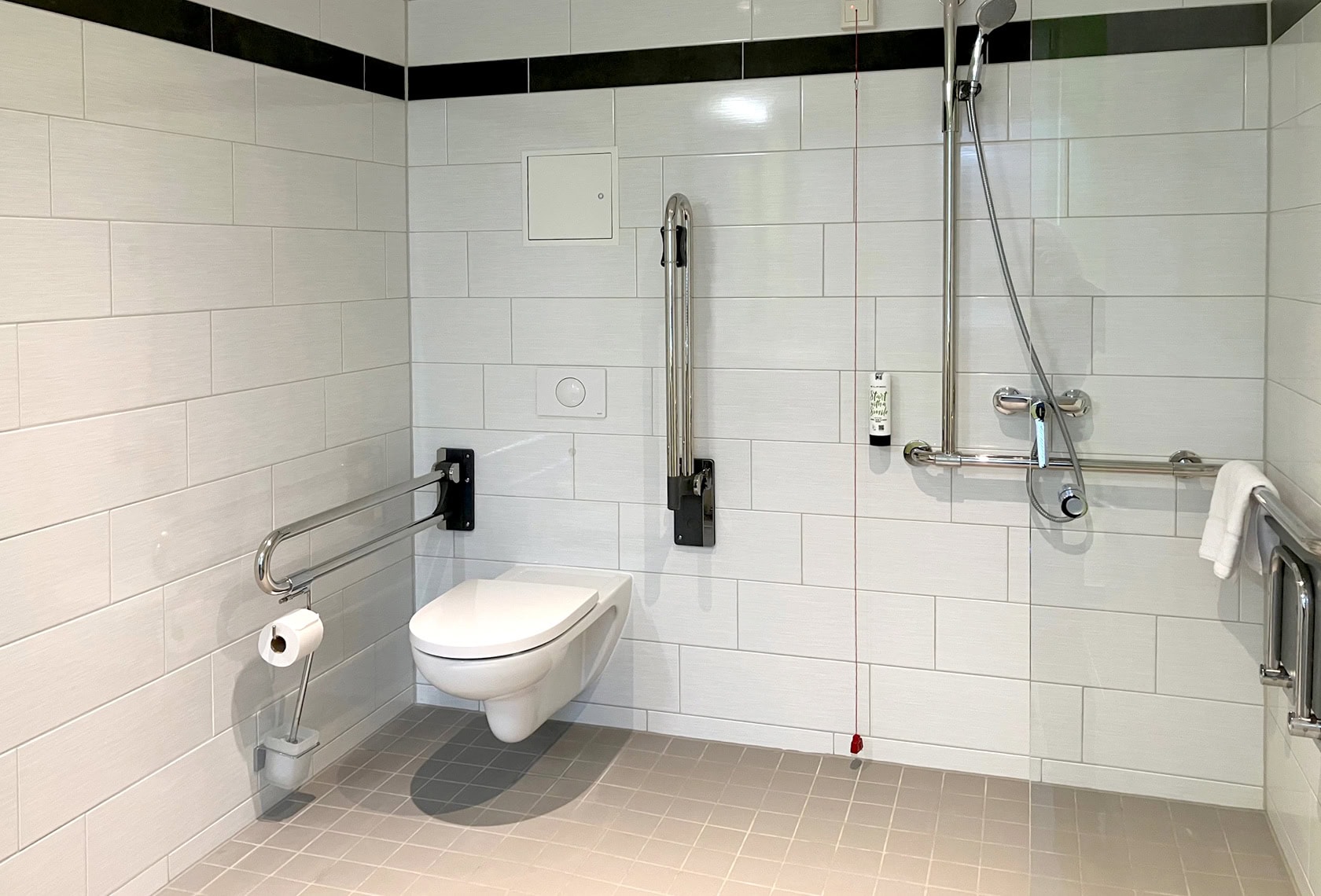Barrierefreies großes Badezimmer mit Alarmkordel im Hotel Elbebrücke, Detailansicht Dusche und Toilette mit Haltegriff