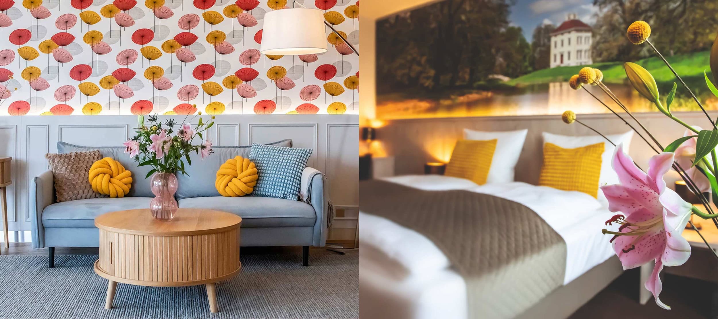zwei Bilder nebeneinander: hübsche bunte Hotellobby und rechts modern eingerichtetes Hotelzimmer mit bunten Akzenten im Messehotel Elbebrücke Dessau